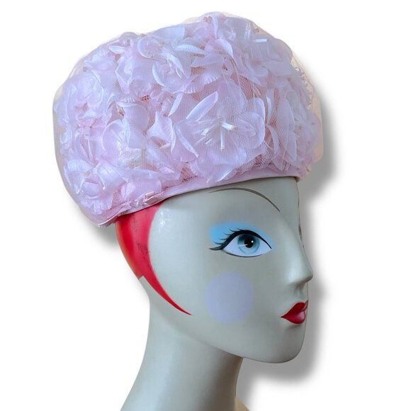 Vintage 1960s Womens Pink Floral Millinery Dress Hat Easter Bonnet Derby Party - Picture 9 of 10